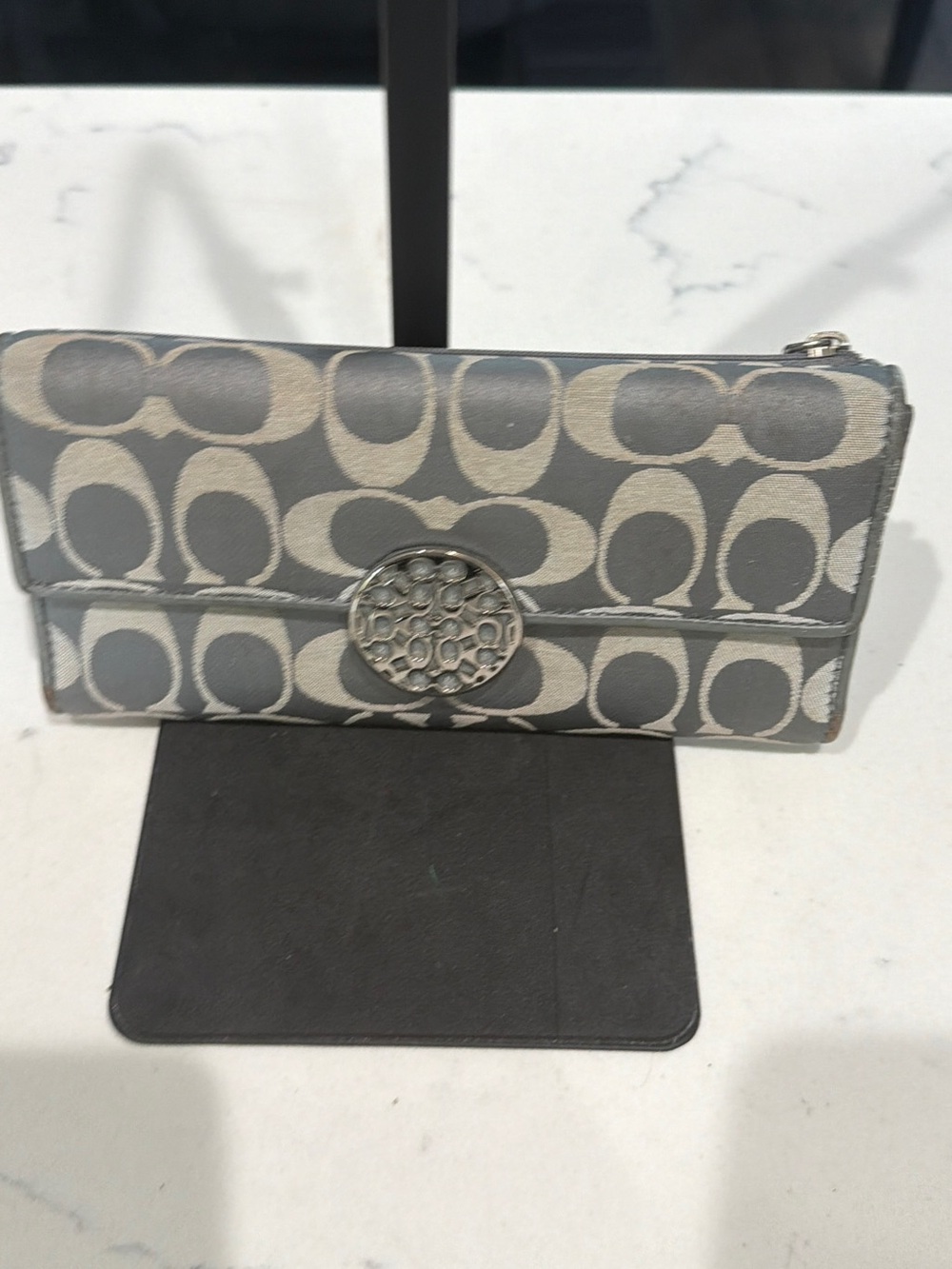 Coach Gray Signature Fold-Over Wallet with Silver Emblem